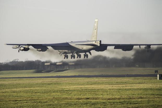 A B-52 Stratofortress takes off from RAF Fairford, England, on Jan. 10, 2018. RAF Fairford serves as United States Air Forces in Europe's forward operating location for bombers. (U.S. Air Force/Staff Sgt. Trevor T. McBride)