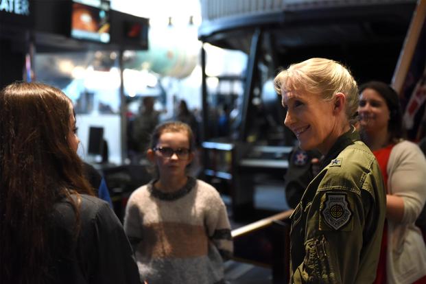 Brig. Gen. Jeannie Leavitt, Air Force Recruiting Services commander, tours the STEM demonstration prior to a screening of the movie “Captain Marvel” in Washington, D.C., March 7, 2019 (U.S. Air Force/Staff Sgt. Rusty Frank)