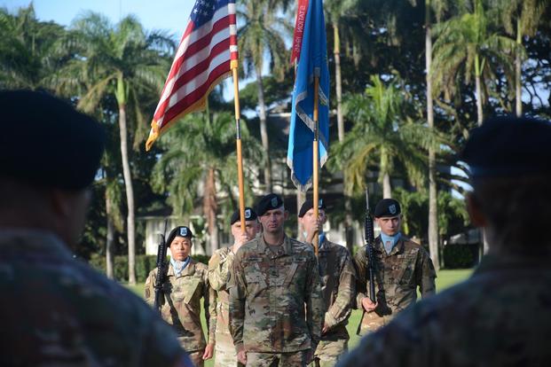 The 205th Military Intelligence Battalion, 500th Military Intelligence Brigade-Theater welcomed its new command sergeant major during a change of responsibility ceremony at Fort Shafter, Hawaii, Feb. 1. (U.S. Army/Staff Sgt. Shameeka R. Stanley)