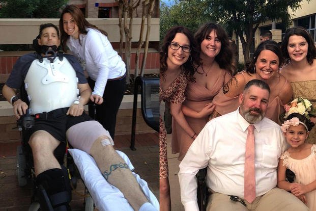 Sara and John Hosea after his injury (left), and in a recent photo with their family (right). (Courtesy of Sara Hosea)