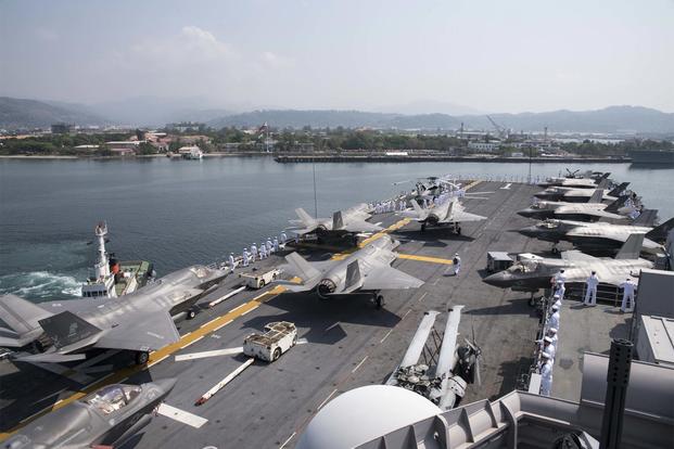 The amphibious assault ship Wasp arrived in the Philippines on March 31, 2019, with at least 10 F-35B Joint Strike Fighter jets to participate in Exercise Balikatan. The ship sailed through the South China Sea on the way to the exercise. (Mass Communication Specialist 3rd Class Benjamin F. Davella III/Navy)