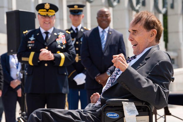 Former Sen. Bob Dole provides remarks during his honorary promotion ceremony at the World War II Memorial in Washington, D.C., May 16, 2019. Dole, who was medically discharged as a captain after being severely wounded in WWII, was promoted to colonel. (U.S. Army photo)