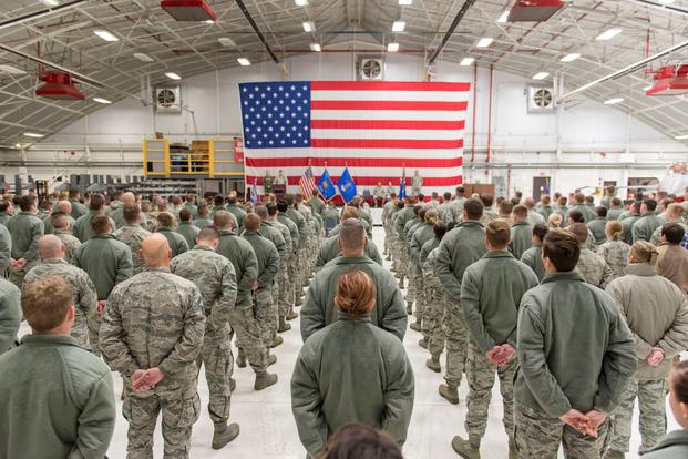Airmen from the 115th Maintenance Group, Truax Field, Wisconsin, stand in formation during the 115th MXG change of command ceremony Dec. 2, 2018, at the 115th Fighter Wing. (Cameron Lewis/U.S. Air National Guard)