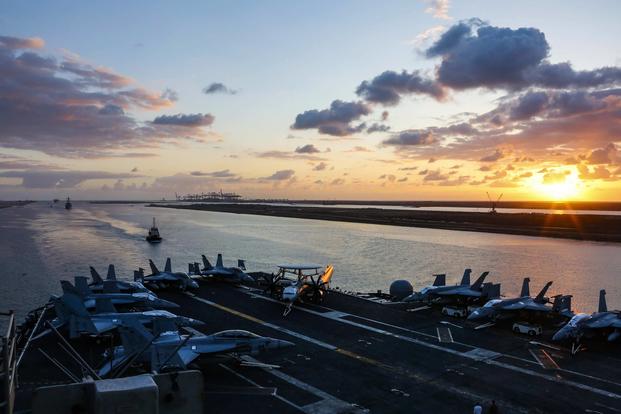 The Nimitz-class aircraft carrier Abraham Lincoln (CVN 72) transits the Suez Canal on May 9, 2019. (U.S. Navy photo by Mass Communication Specialist Seaman Dan Snow)