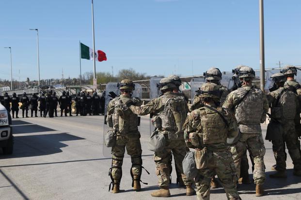Soldiers with the 42nd MP Brigade conduct civil disturbance response training with U.S. Customs and Border Protection personnel at the Del Rio - Ciudad Acuña International Bridge in Del Rio, Texas, Feb 13., 2019. (U.S. Army/Pfc. Joshua Cowden)