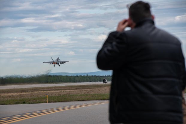 A U.S. Navy EA-18G Growler assigned to VAQ-134 from Naval Air Station Whidbey Island, Wash., takes off during Northern Edge, May 20, 2019, at Eielson Air Force Base, Alaska. (U.S. Air Force photo/Micaiah Anthony)