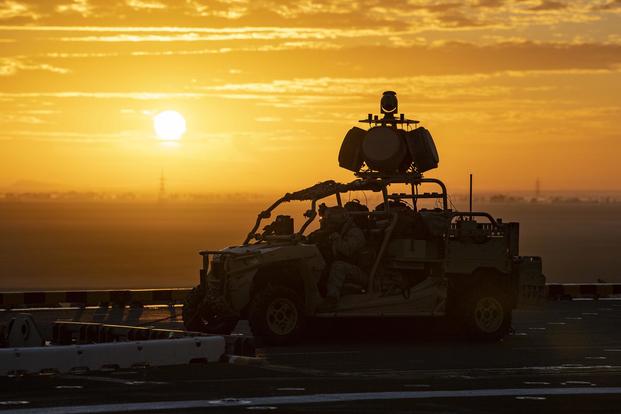 Two U.S. Marine Corps gunners attached to the 22nd Marine Expeditionary Unit perform system checks on a Light Marine Air Defense Integrated System aboard the Wasp-class amphibious assault ship USS Kearsarge (LHD 3) as it transits the Suez Canal, Jan. 12, 2019. (U.S. Navy/Mass Communication Specialist 1st Class Mike DiMestico)