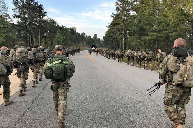 U.S. Army Rangers from 3rd Battalion, 75th Ranger Regiment and the Ranger Recruiting Liaison office participate in a 12-mile ruck march with trainees of infantry One-Station Unit Training (OSUT) at Fort Benning, Ga., April 18, 2019. (U.S. Army photo)