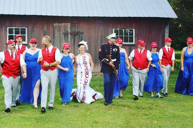 Veteran Marine Lance Cpl. Jeff Johnson and his wife Audra got married on the Fourth of July. The bride wore a “Make America Great Again” gown designed by Andre Soriano for their patriot-themed wedding.  (Courtesy Jeff Johnson)