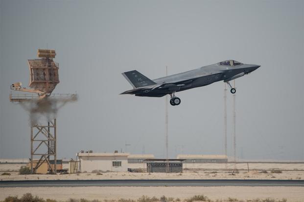 An F-35A Lightning II, assigned to the 4th Expeditionary Fighter Squadron at Al Dhafra Air Base, United Arab Emirates, takes off at the start of Exercise Agile Lightning Aug. 5, 2019. (U.S. Air Force/Staff Sgt. Chris Thornbury)