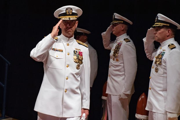 Sideboys render honors as Chief of Naval Operations Adm. John M. Richardson is piped ashore during a change of command ceremony in which Vice Adm. Walter E. "Ted" Carter Jr., the 62nd Superintendent of the U.S. Naval Academy, was properly relieved by Vice Adm. Sean S. Buck, the 63rd Superintendent, July 26, 2019. (U.S. Navy photo/Dana D. Legg)