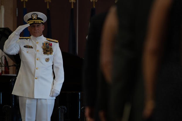 Chief of Naval Operations (CNO) Adm. John Richardson is relieved by Adm. Mike Gilday at a change of office ceremony held at the Washington Navy Yard, Aug. 22, 2019. Richardson served as the 31st Chief of Naval Operations from September 2015 to August 2019. (U.S. Navy photo/Levingston Lewis)