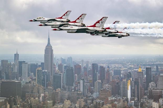 The Thunderbirds Delta formation performs a flat pass while flying past the Empire State Building in New York City on Sept. 17, 2018. (U.S. Air Force Photo by Staff Sgt. Ned T. Johnston)