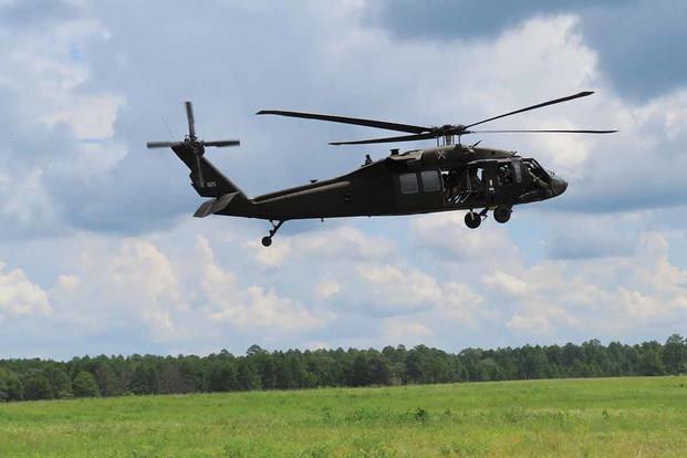 A Black Hawk from the Army's 1st Battalion, 5th Aviation Regiment, takes part in the Box Tour at Fort Polk, Louisiana, on Aug. 17, 2019. (Army photo by Patricia Dubiel)