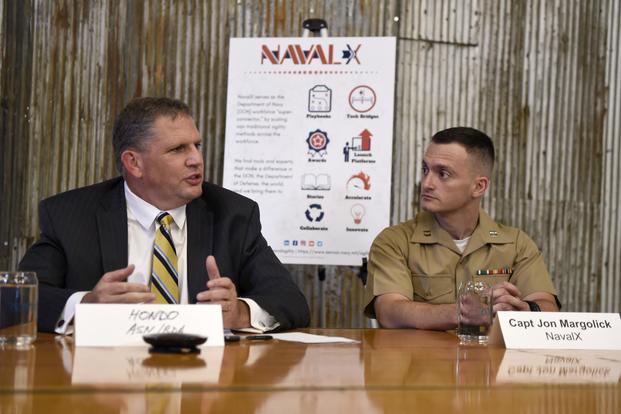 Mr. James F. Geurts (left) and Capt. Jon Margolick (right) announce the DoN's plan to rapidly expand its collaboration capabilities through the creation of Tech Bridges on September 3, 2019, in Alexandria, Virginia.(U.S. Navy/Bobby Cummings)
