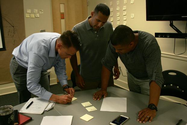 Participants work together to create a plan for one of the projects in a Scrum Warfighters Course at Camp Johnson, North Carolina, Aug. 16, 2019. (U.S. Marine Corps/Lance Cpl. Kelcey Seymour)