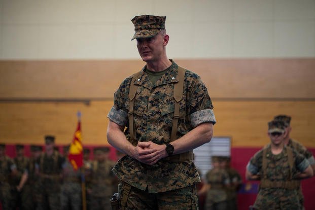 U.S. Marine Corps Lt. Col. Jeremy Davis, incoming commanding officer of 3rd Transportation Support Battalion, 3rd Marine Logistics Group, addresses guests during a change of command ceremony on Camp Foster, Okinawa, Japan, June 14, 2019. (U.S. Marine Corps photo/Isaiah Campbell)