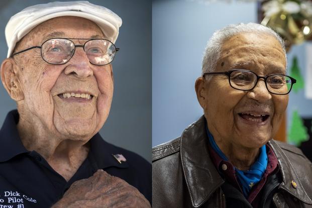 Retired Air Force Lt. Col. Richard "Dick" Cole, left, and retired Air Force Col. Charles McGee will receive honorary promotions thanks to a provision in the fiscal 2020 National Defense Authorization Act. (Images via U.S. Military)