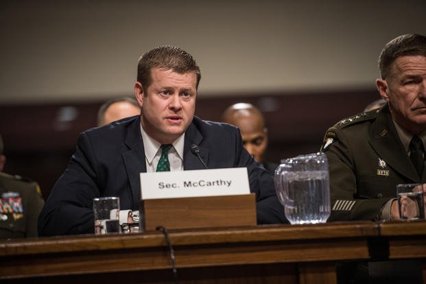 Secretary of the Army, Hon. Ryan D. McCarthy, along with other service Secretaries and Chiefs, speak to the Senate Committee on Armed Services during a hearing on privatized housing in Washington D.C., Dec. 3, 2019. (U.S. Army photo/Dana Clarke)