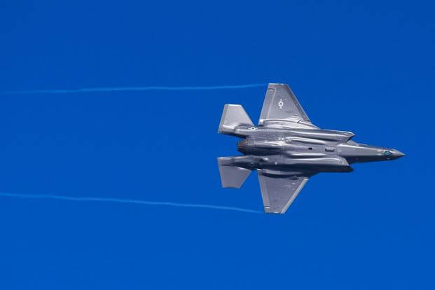 An F-35A Lightning II from the 388th Fighter Wing banks after takeoff at Hill Air Force Base, Utah.