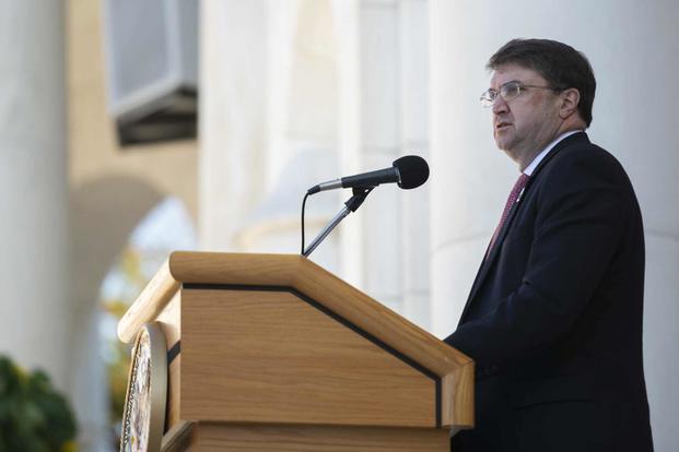 Secretary of Veterans Affairs Robert Wilkie; speaks during the Veterans Day Observance in the Memorial Amphitheater at Arlington National Cemetery, Arlington, Virginia, Nov. 11, 2018. (U.S. Army/Elizabeth Fraser)