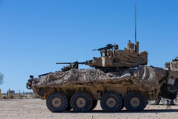U.S. Marine Corps light armored vehicle is staged prior to a convoy at Camp Wilson.