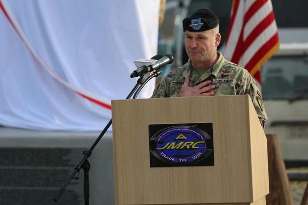 Lt. Gen. Christopher Cavoli gives a speech at  at Hohenfels training area, Germany.