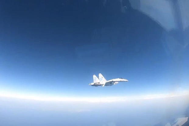 Video screengrab shows the April 19 "unsafe intercept" by a Russian fighter jet of a U.S. Navy P-8A Maritime Patrol Aircraft.