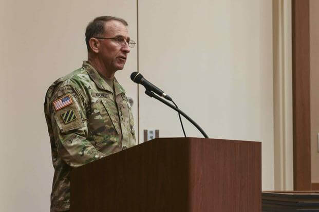 Army General Robert B. Abrams speaks at the USFK Civilian Employees of the Year Awards.