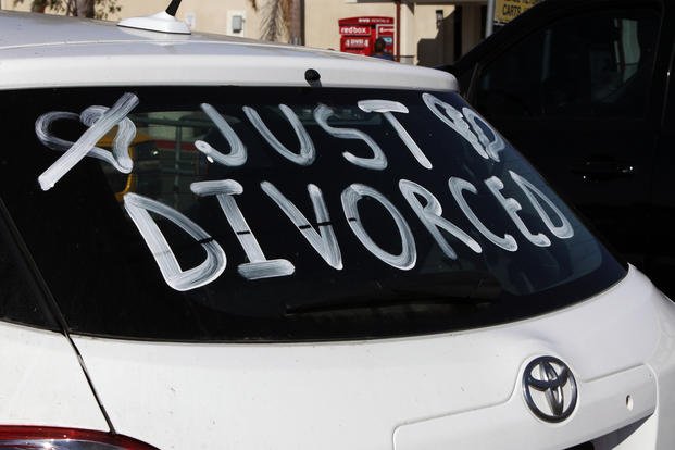 A recently divorced Marine celebrates his freedom with a message on his car.