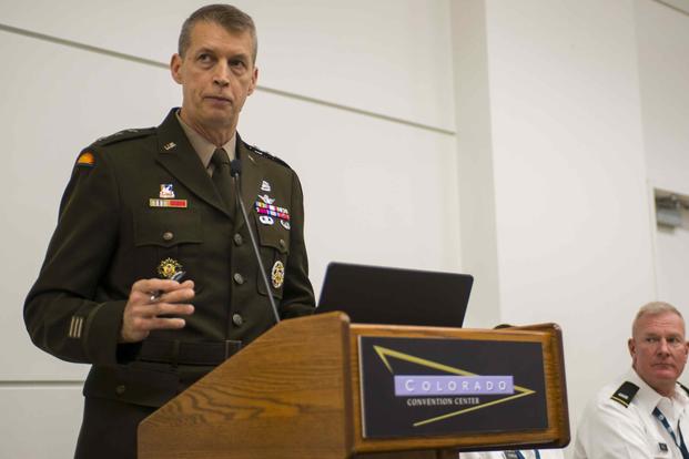 U.S. Army Lt. Gen. Daniel Hokanson speaks to warrant officers during the 141st NGAUS Conference 
