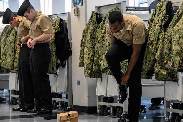 FILE PHOTO -- Recruits don their U.S. Navy service uniform during a personnel inspection.