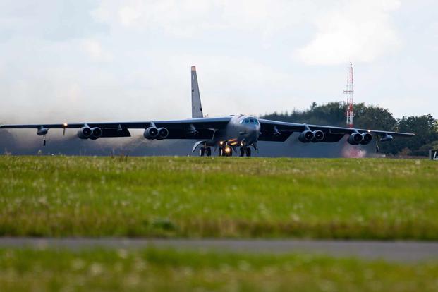 A B-52H Stratofortress takes off from the flightline at RAF Fairford, England,