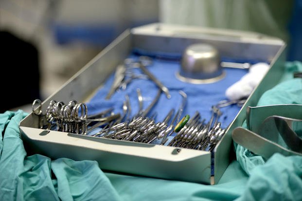 surgery implements on a tray