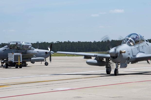 An A-29 Super Tucano taxis at Moody Air Force Base, Ga.