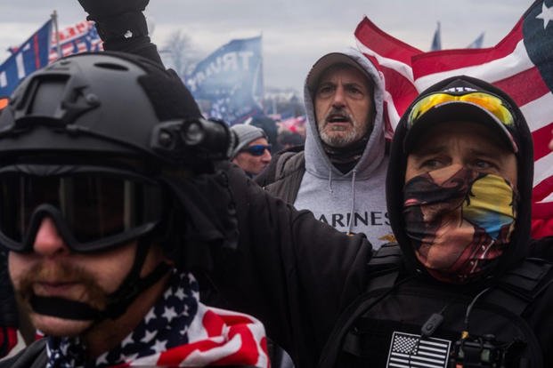 Man in Marine Corps hoodie at U.S. Capitol riot