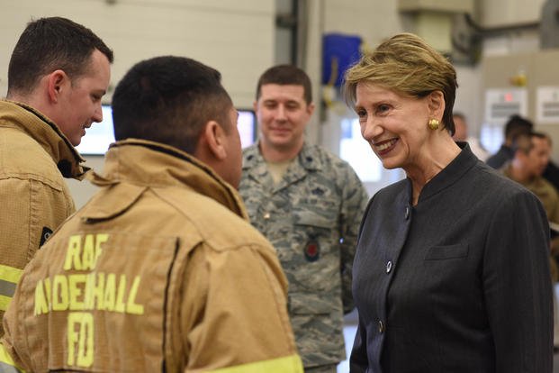 Secretary of the Air Force Barbara M. Barrett meets with airmen