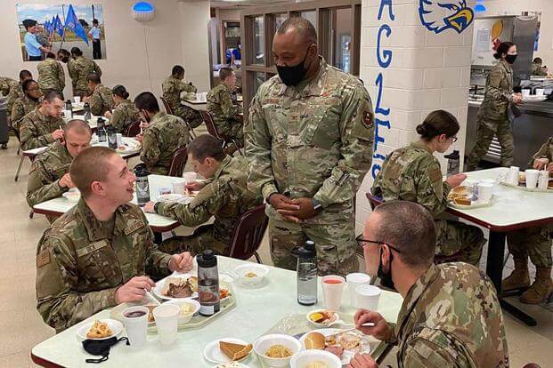 Airmen eat their Thanksgiving meal at Joint Base San Antonio-Lackland.