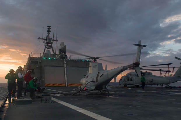 MQ-8B Fire Scout and MH-60S Seahawk on USS Coronado