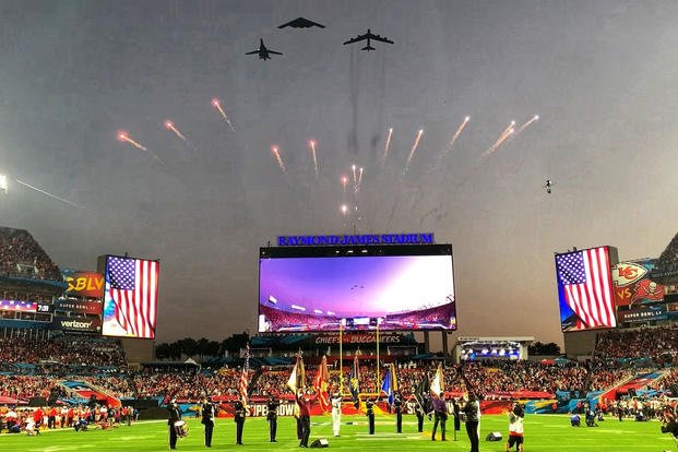 U.S. Air Force flyover crosses the Raymond James Stadium at Super Bowl LV