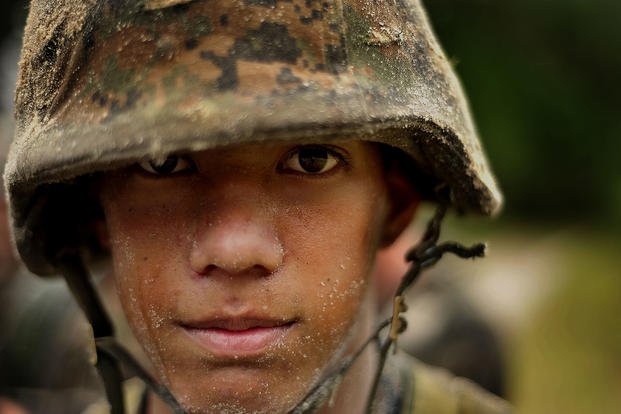 A Marine recruit takes part in basic training at Parris Island.