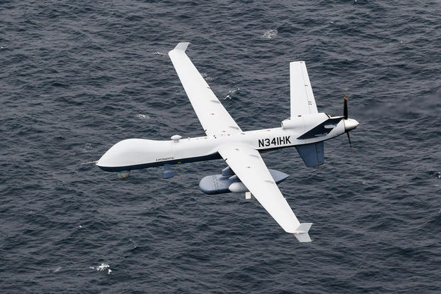 MQ-9 Sea Guardian unmanned maritime surveillance aircraft system flies over the Pacific Ocean