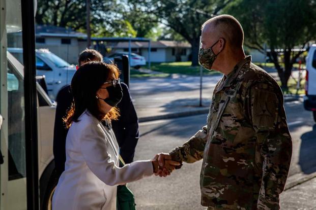 Lt. Gen. Pat White greets Congresswoman Jackie Speier at Fort Hood.