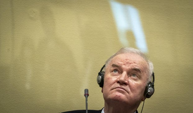 Former Bosnian Serb military chief Ratko Mladic sits in the court room.