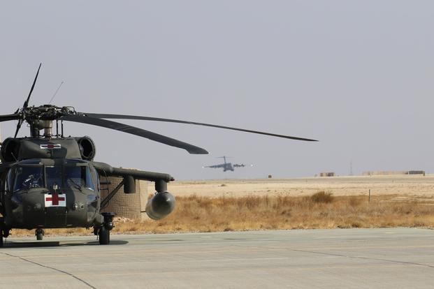 A C-17 Globemaster III lands at Ain al-Asad air base in 2020. 