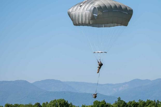 A paratrooper drops onto Cheshnegirovo Airfield, Bulgaria.