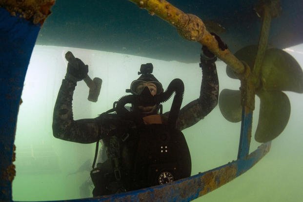 Member of Navy Special Warfare Group 2 goes on military dive.