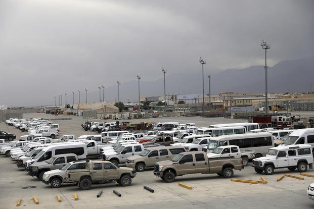 Vehicles are parked at Bagram Airfield after the American military left the base