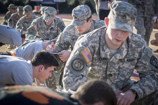 ROTC senior cadets at Clemson grade push-ups.