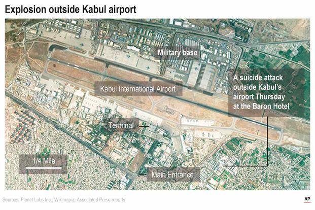 Map of Kabul International Airport and the location of an explosion